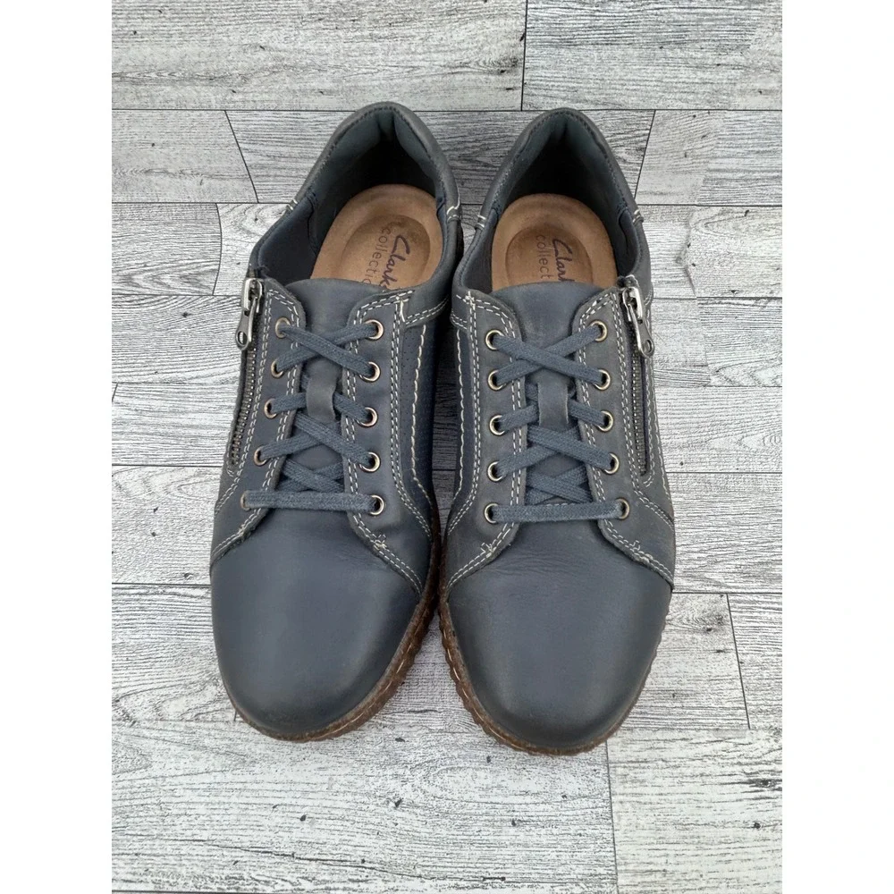 Clarks Collection Navy Leather Side Zip Lace Up Sneakers 261795204050 Women 7.5M